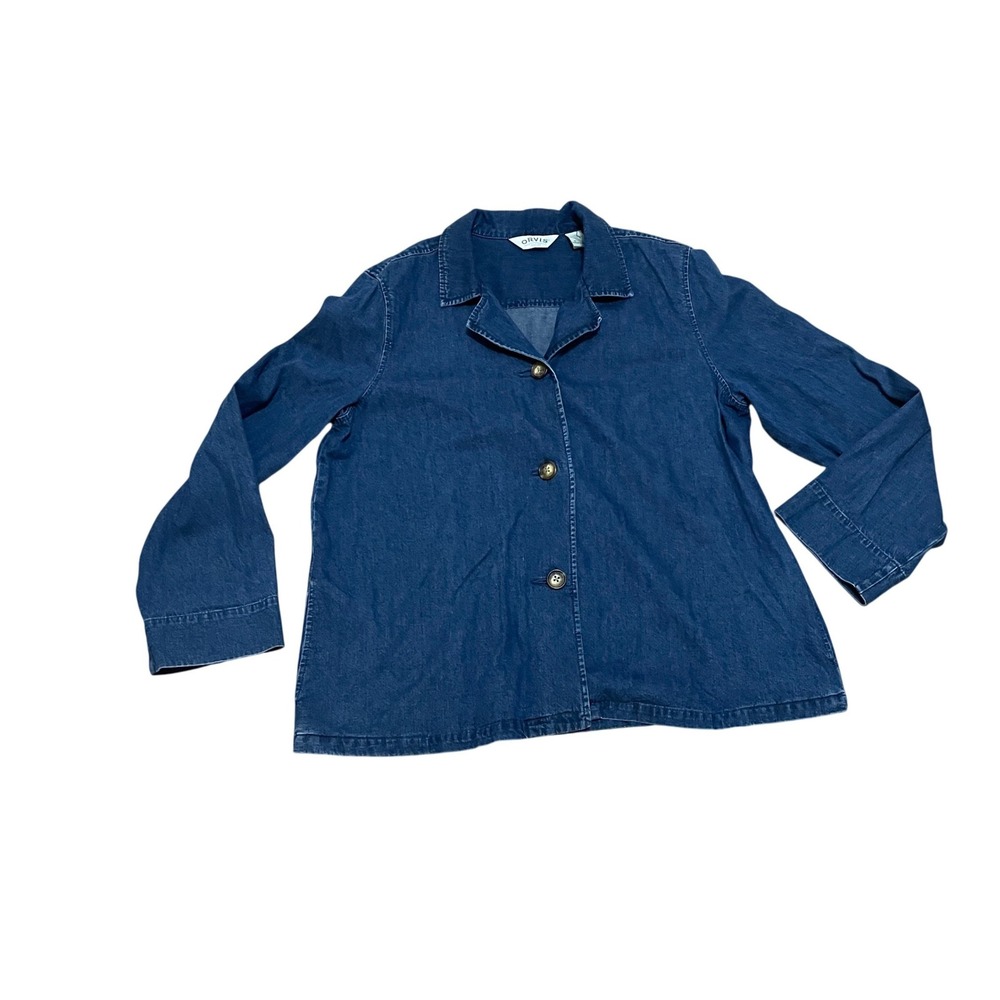 Orvis Womens XL Denim Chore Jacket Blue Cotton Button Front Shirt Jacket OR-2K9X